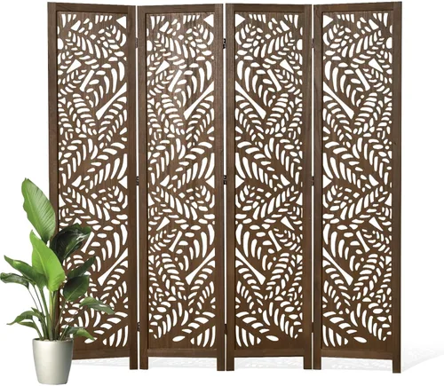 Divisor de habitación tallado con hojas, pantalla de privacidad de 67 pulgadas de alto, panel divisor de pantalla de madera decorativa plegable para