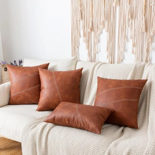 Miniatura 2 de Fundas de almohadas de cuero de imitación modernas y decorativas en color marrón, juego de 2 de 18x18 pulgadas, fundas de almohada estilo bohemio