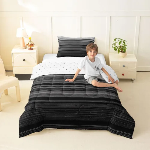 Miniatura 2 de jejeloiu Juego de edredón geométrico para niños, tamaño individual, diseño de rayas de color negro, blanco y gris, juego de ropa de cama decorativo