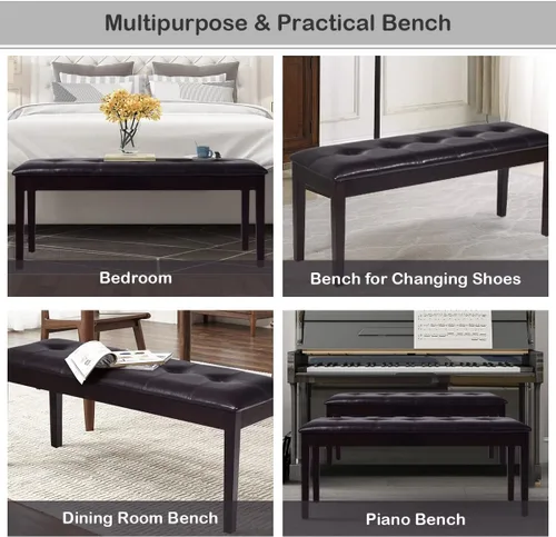 Miniatura 6 de Asiento de comedor tapizado con piel sintética, banco otomano con botones y patas de madera de goma, banco de extremo de cama para dormitorio, banco