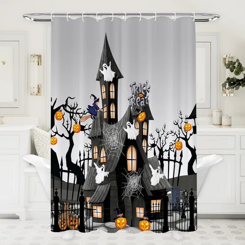 Miniatura 7 de ARESD Cortina de ducha de Halloween para baño, cortina de baño de tela de araña de casa de terror y calabaza, cortinas de ducha de poliéster