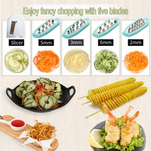 Miniatura 2 de Ourokhome Espiralizador de espaguetis para hacer fideos de calabacín, cortador de verduras de 5 cuchillas para fideos vegetales y chips rizados Azul