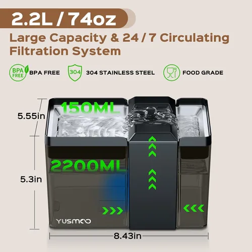 Miniatura 2 de Fuente de agua automática para gatos, fuente para mascotas de 2.2 L/74 onzas con tapa de acero inoxidable 304, bomba ultra silenciosa, triple