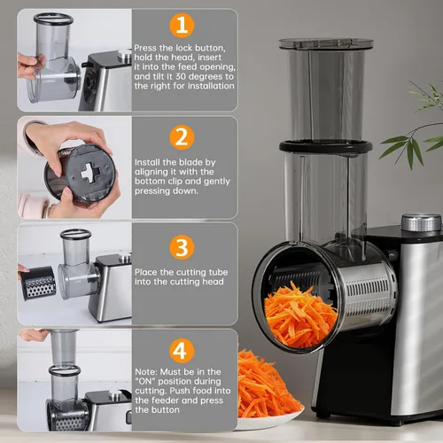 Miniatura 7 de Rallador de queso eléctrico 7 en 1, rallador de queso de 300 W para queso de bloque con 14 cuchillas, pelador y cepillo en Y, triturador automático