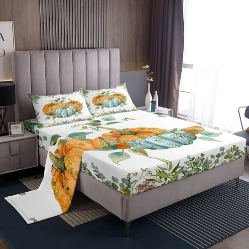 Manfei Juego de sábanas de calabaza de otoño, tamaño individual, juego de ropa de cama floral de hojas verdes para niños y niñas, decoración de