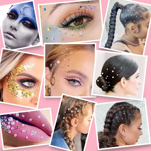 Miniatura 7 de Gemas de diamantes de imitación para el cabello con pegamento de maquillaje, parte trasera plana, joyas coloridas de cristal medio redondo perla