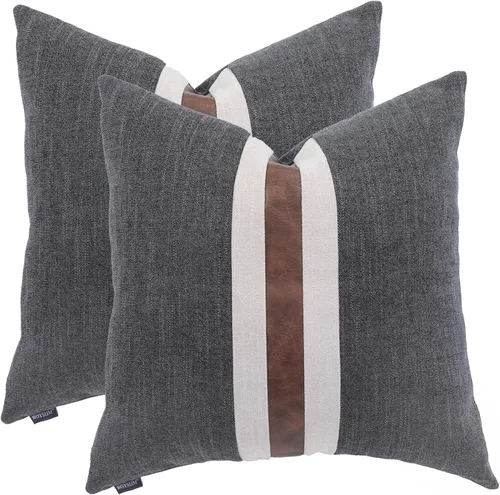 Miniatura 8 de Juego de 2 fundas de almohadas decorativas de cuero, decoración de exteriores, lino con parches, almohadas de cuero sintético marrón, funda