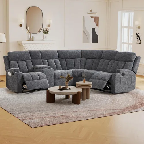 Miniatura 11 de CANMOV Juego de sofá modular reclinable manual, juegos de muebles de tela en forma de L, sofá esquinero modular reclinable y silla reclinable