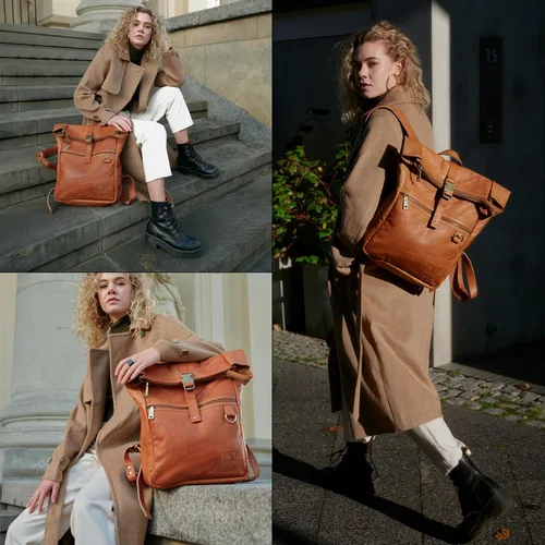 Miniatura 7 de BERLINER BAGS Mochila vintage de cuero genuino Utrecht, mochila para laptop, mochila de viaje para mujeres y hombres, café M, Mediana