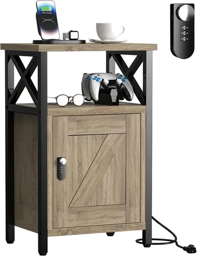 Miniatura 11 de runjuly Mesita de noche de madera con cerradura, mesa auxiliar de cama con cajones, mesita de noche con estación de carga, 3 USB y 2 tomas, mesita