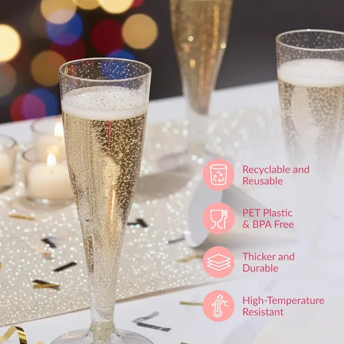 Miniatura 5 de Prestee 24 copas de champán de plástico, flautas de champán doradas, flauta de mimosa desechable dorada, suministros para fiestas, copas de cóctel