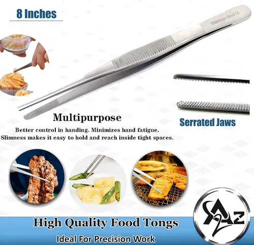 Miniatura 4 de Pinzas de precisión profesionales de acero inoxidable culinario con puntas dentadas, pinzas para servir con detalles de presentación de alimentos