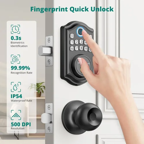 Miniatura 2 de AkaGear DS10 - Cerradura de puerta de entrada sin llave, huella digital, manija de perilla de puerta exterior, 2 llaves, teclado electrónico, código