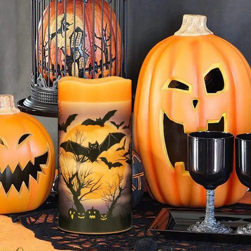 Miniatura 4 de Eldnacele Velas LED sin llama parpadeantes de Halloween, funcionan con pilas, con temporizador de 6H, calcomanías de calavera, telaraña, cuervo