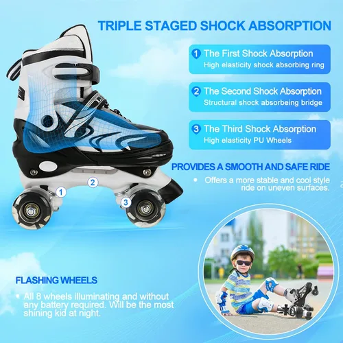 Miniatura 3 de Patines ajustables para niños pequeños y adultos, ruedas iluminadas, 4 tamaños Negro&blanco