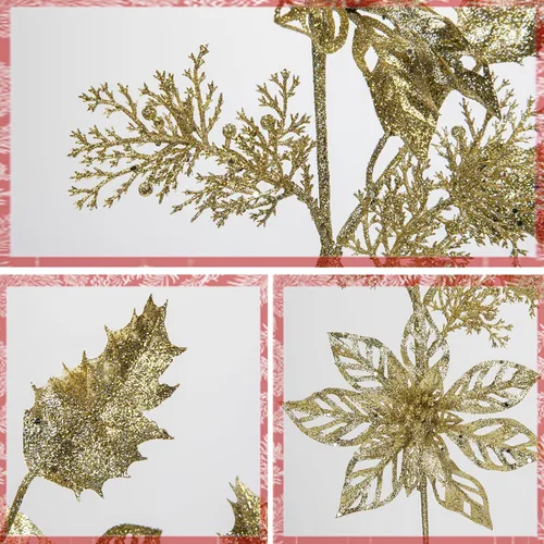 Miniatura 3 de 6 piezas de selecciones para árbol de Navidad de 25 pulgadas con purpurina, flores de Pascua con purpurina en aerosoles con flores, hojas de acebo