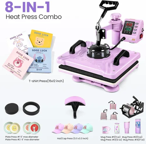 Miniatura 4 de AKEYDIY - Máquina de prensa de calor 8 en 1, máquina profesional de sublimación, 12" x 15", prensa giratoria para impresión de camisas