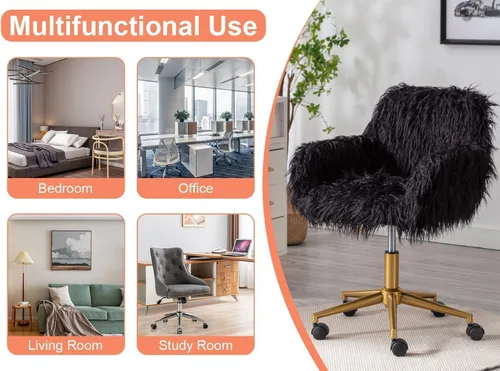 Miniatura 8 de Silla de escritorio moderna de piel sintética, silla de oficina en casa para mujeres, niñas y adolescentes, silla de escritorio negra giratoria