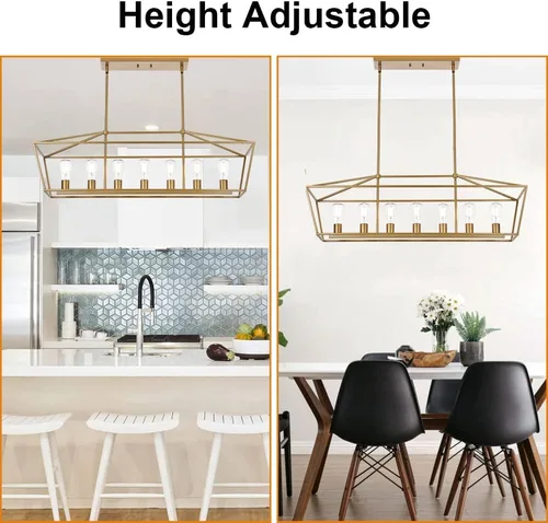 Miniatura 5 de Lámpara moderna de 5 luces para isla de cocina en acabado dorado, lámpara colgante industrial con marco de metal para comedor, vestíbulo, cafetería