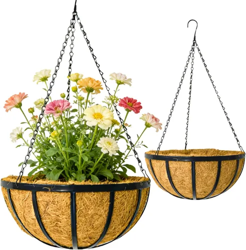 Maceta colgante de metal de 12 pulgadas con forro de fibra de coco, maceta colgante para decoración del hogar, jardín, patio, patrón de hierro plano