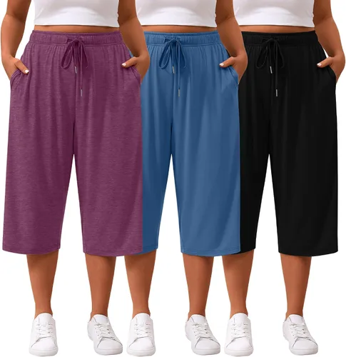 Miniatura 6 de Paquete de 3 pantalones capri de talla grande para mujer, ajuste holgado, pierna ancha, pantalones recortados para yoga, descanso, entrenamiento