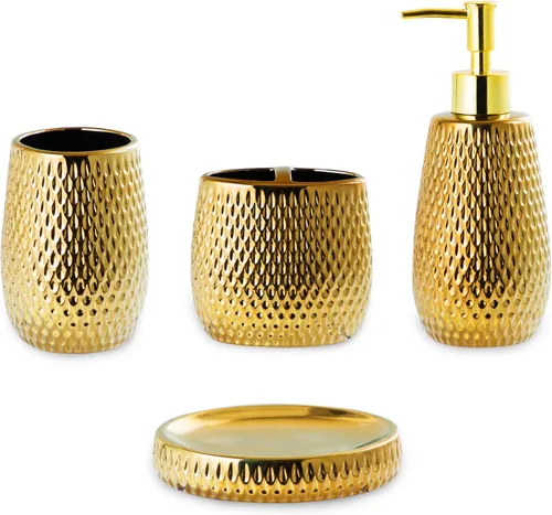 Miniatura 8 de Juego de accesorios de baño dorados, 4 piezas de cerámica para decoración de baño, incluye dispensador de loción, soporte para cepillos de dientes
