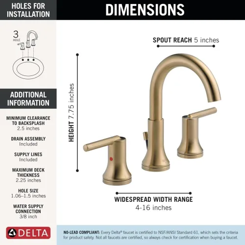 Miniatura 4 de Delta Trinsic - Grifo de baño de oro cepillado de 3 agujeros, 8 pulgadas, grifo de lavabo de baño extendido para tocador, conjunto de drenaje