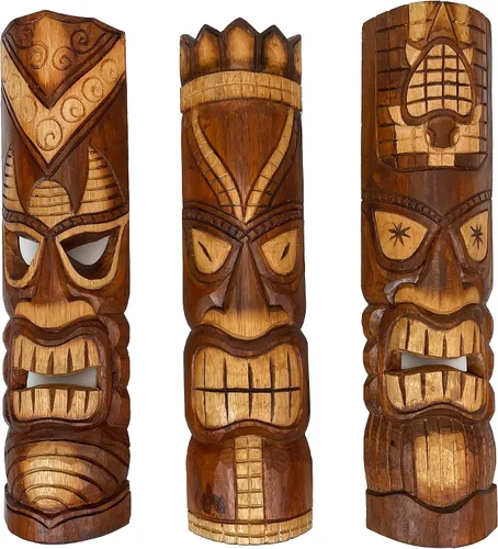 Miniatura 10 de Zeckos Juego de 2 máscaras de pared Tiki de madera tallada a mano, 39 pulgadas de alto, acabado envejecido pintado, esculturas de pared para sala