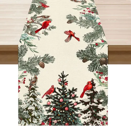 Miniatura 6 de Juego de 6 manteles individuales XCHI con pájaros cardenales, árbol de pino de invierno, Navidad, decoración de mesa para fiesta, hogar, cocina