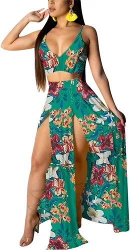 EOSIEDUR - Conjuntos de 2 piezas con estampado floral bohemio de gasa para mujer, blusa corta y falda larga abierta para fiesta en la playa