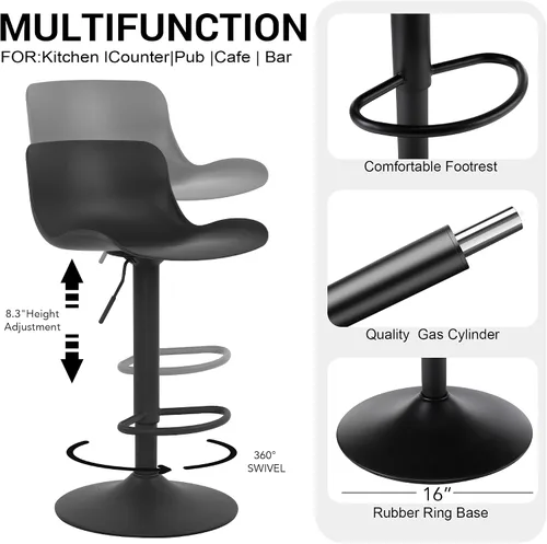 Miniatura 6 de LSSBOUGHT Taburetes de bar, taburetes de bar giratorios de altura de mostrador con respaldo de carcasa de plástico, sillas de bar ajustables, Negro