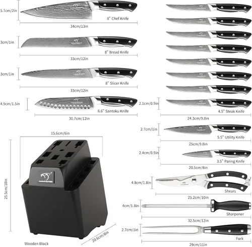 Miniatura 2 de Juego de cuchillos de cocina de Damasco de 18 piezas, 8 cuchillos de carne, mango ergonómico de ABS antideslizante triple remache para tenedor