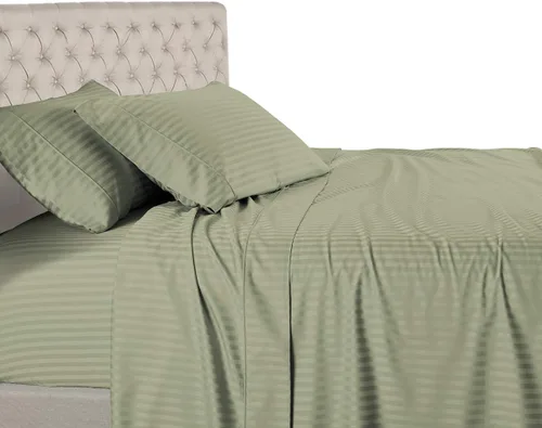 Miniatura 12 de Royal Hotel Bedding Sábanas a rayas de 600 hilos, juego de sábanas de 4 piezas, 100% algodón, rayas de satén, bolsillo profundo, tamaño Queen, azul