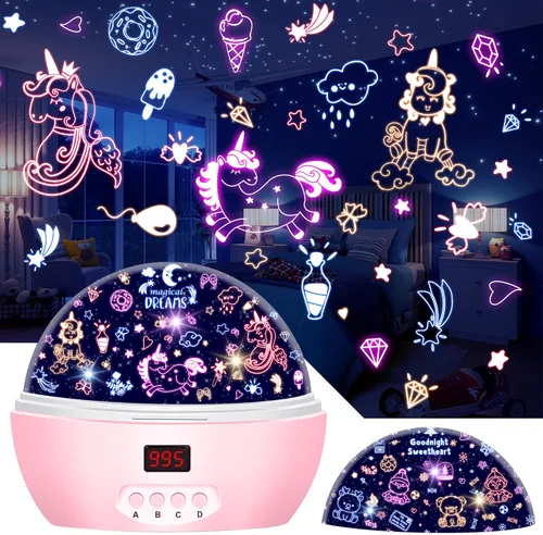 MOKOQI Luz nocturna de unicornio para niñas, luces nocturnas de oso bebé, proyector de luz giratoria con temporizador que cambia de color, regalos