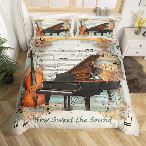 Juego de funda de edredón de violonchelo de piano, tamaño individual, juego de ropa de cama de 2 piezas para niños, niñas, niños y adultos,