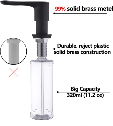 Miniatura 5 de Dispensador de jabón para fregadero de cocina, dispensador de fregadero integrado negro con cabezal de bomba de latón macizo, resistente a