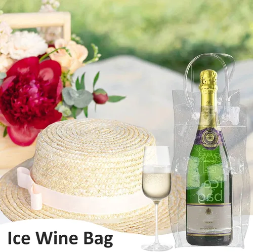 Miniatura 3 de Paquete de 3 bolsas portátiles para vino helado, bolsa plegable de PVC transparente, bolsa enfriadora de vino, bolsa fría de vino con asa