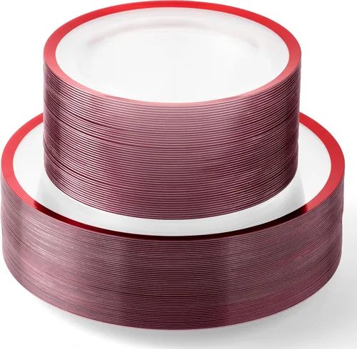 By Madee Premium - 100 platos de plástico transparente y rojo para fiesta, 50 platos de cena y postre con ribete metálico, extra pesados, 30% más