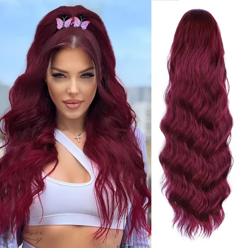 Miniatura 20 de FREEMEIGE Extensiones de cola de caballo largas onduladas con cordón para mujeres, extensiones de cabello con clip para cola de caballo, mezcla