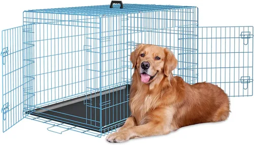 Miniatura 12 de Dopinmin Jaula grande para perros de 42 pulgadas, jaula de doble puerta para mascotas, jaula plegable de alambre de metal con panel divisor, bandeja