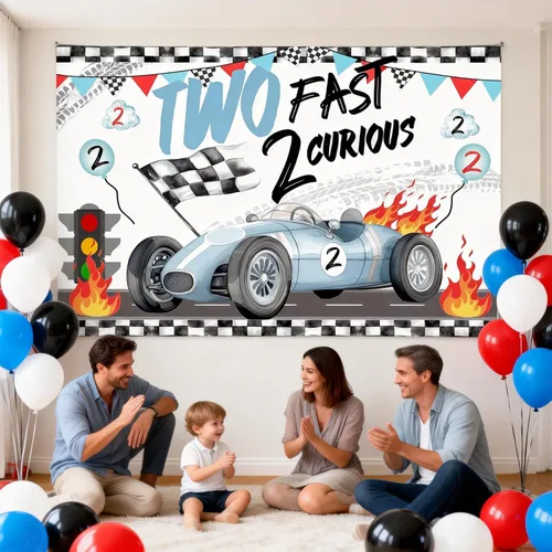 Miniatura 2 de Dos decoraciones de cumpleaños rápidas, fondo de fotos de auto de carreras para niños, decoración de segundo cumpleaños para niños, auto rojo, fondo