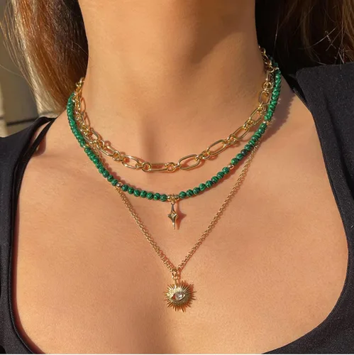 Miniatura 2 de SOFYBJA Collar de cuentas de ojo de tigre, gargantilla de cuentas de malaquita verde, collar con dije de estrella dorada y circón para mujer