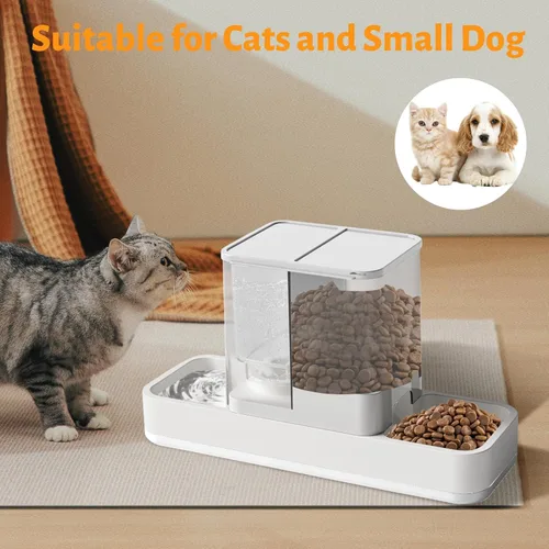 Miniatura 7 de Yummy Sam Alimentador automático para mascotas pequeñas y dispensador de agua, 2 en 1 por gravedad para gatos, juego de comedero y bebedero Blanco
