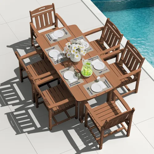 Miniatura 39 de Juego de comedor de patio al aire libre de HDPE con mesa y 6 sillas, juego de mesa y sillas de 7 piezas para todo clima, agujero para sombrilla de 2