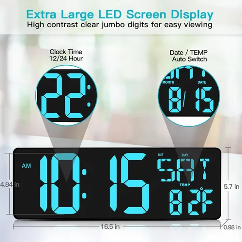 Miniatura 2 de XREXS Reloj de pared digital grande de 17.2 pulgadas, sincronización Bluetooth, relojes atómicos precisos con control remoto, reloj de abuelo