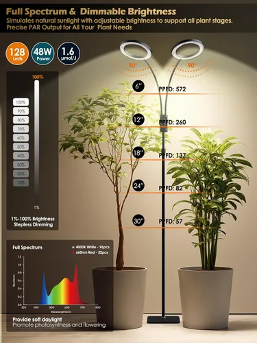 Miniatura 5 de Luces de Crecimiento Inteligentes para Plantas de Interior, 48W Luz de Planta de 2 Cabezales con Temporizador Automático, Luz LED de Crecimiento