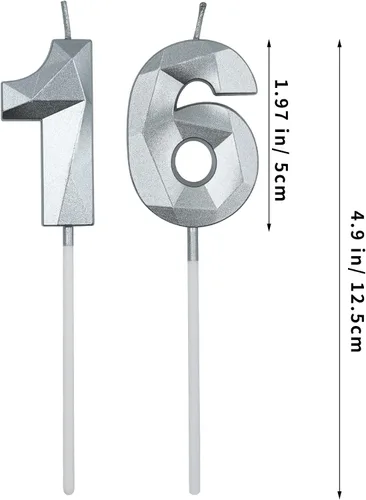 Miniatura 2 de Velas de cumpleaños número 16 y 61 para tartas, velas plateadas con forma de diamante 3D, decoración de cumpleaños, suministros de fiesta para Plata
