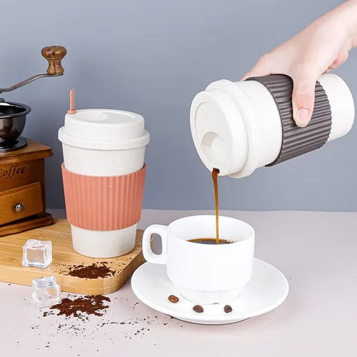 Miniatura 5 de Taza de café sellada con paja de trigo, taza de plástico portátil creativa, taza de alimentos de alto valor que acompaña a beber 16.9 fl oz/17 oz