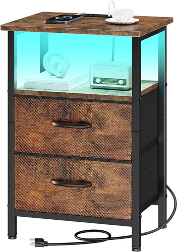 Miniatura 14 de Vagusicc Nightstand with Charging Station, End Table Bedside Table with 2 Fabric Drawers, Black Night Stand with USB Ports & Outlets, 24.2" Tall Bed