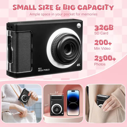 Miniatura 6 de Cámara digital, cámara FHD 1080P para niños con tarjeta de 32 GB, cámara digital de 48 MP con zoom 8X para apuntar y disparar, antivibraciones